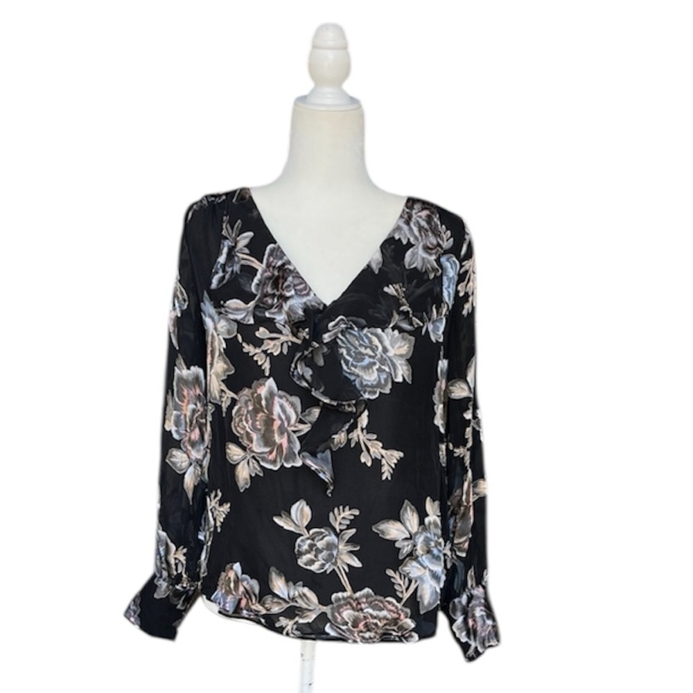 White House Black Market Floral V-Neck Women's Top - Black Long Sleeve Blouse - Picture 2 of 13